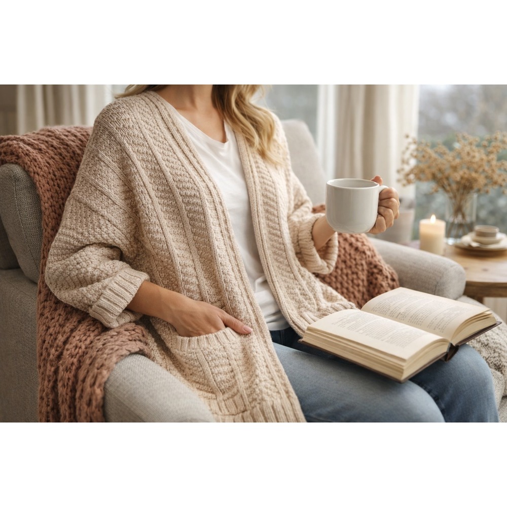 Sadie & Sage Chunky Knit Cardigan Wm's Cozy Grannycore Open Front Pocket Sweater